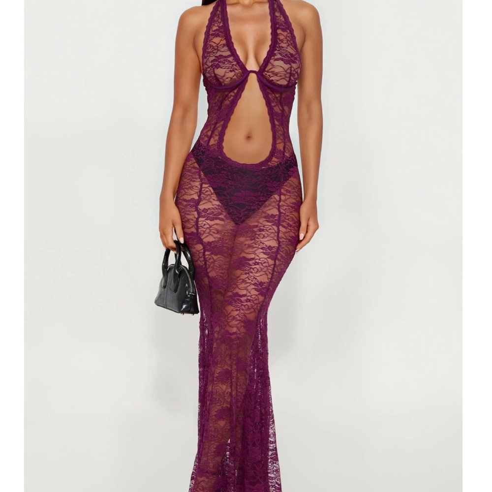 Fashion Nova Burgundy Cutout Lace Maxi Dress